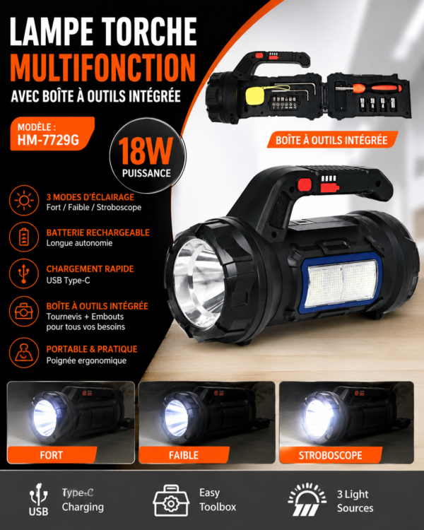 Lampe torche LED multifonction rechargeable 18W Lampe torche LED multifonction rechargeable 18W