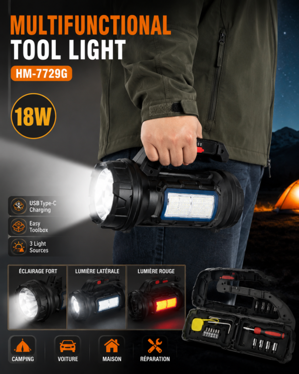 Lampe torche LED multifonction rechargeable 18W Lampe torche LED multifonction rechargeable 18W
